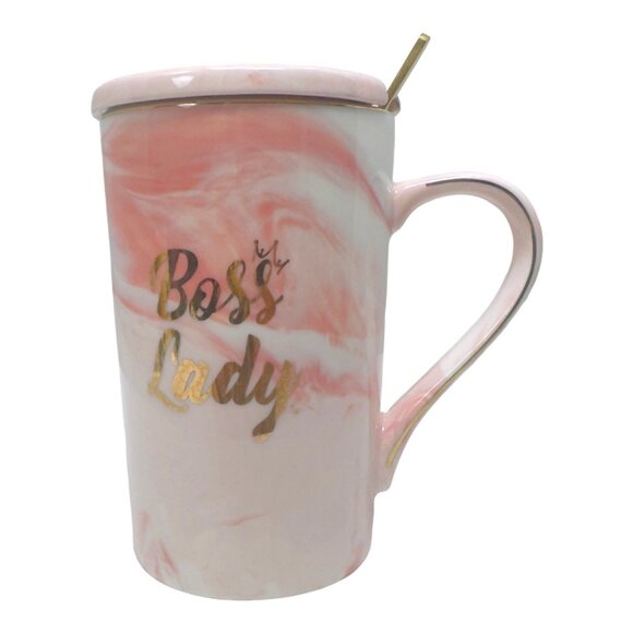 Boss Lady Pink Ceramic Coffee Mug W/Lid & Spoon New in Gift Box - Picture 4 of 11